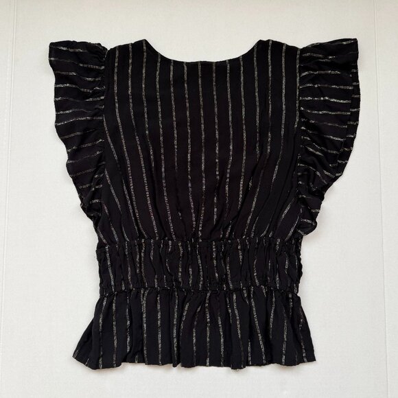 Black Striped Ruffle Sleeve Cinched Waist Top – Flowy Peplum Style - Picture 2 of 2